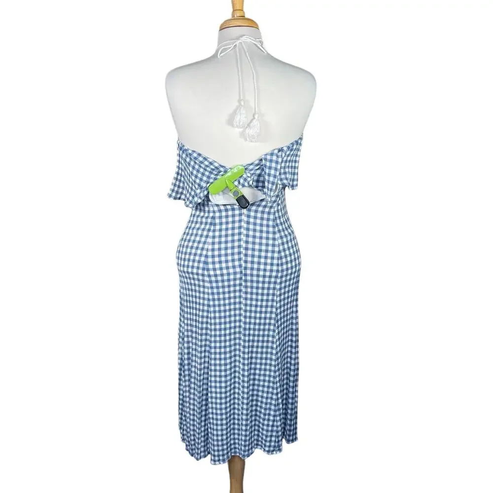VICI Women’s Blue & White Gingham Midi Halter Sorority Graduation Dress Medium - Picture 6 of 14